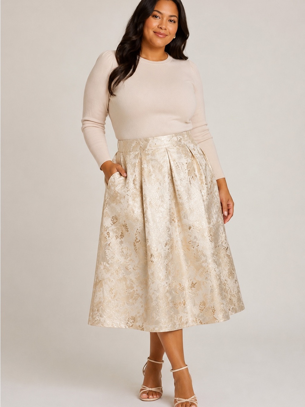 Sugarlips Lola Jacquard Midi Skirt Plus Size 3X Champagne Gold Floral A-Line NEW
